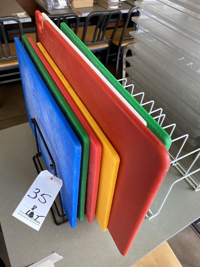 LOT - (8)ASST COLOR POLY CUTTING BOARDS W/RACKS