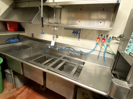 ALL S/S 3-COMPARTMENT LH-SIDE DISHWASHER SINK W/PRERINSE, FAUCET, WALL SHELF & 44" RH-DRAINBOARD