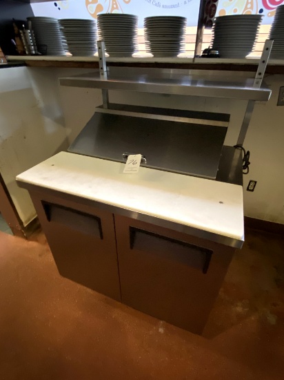 TRUE S/S 2-DOOR 36" PREP TABLE W/BACK, OVERSHELF & CASTERS (NEEDS NEW DOOR GASKETS)