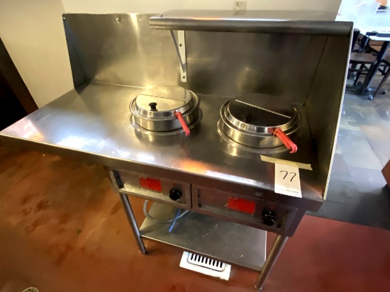 CUSTOM ALL S/S 2-COMPARTMENT 47" SOUP STATION W/AUTO WATER FILL, BACKSPLASH & OVERSHELF