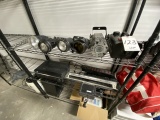 *LOT*ASST STAGE LIGHTS, PORTABLE FOG MACHINE & MISC (ON 3 SHELVES)