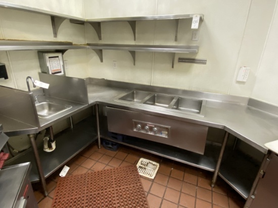 CUSTOM S/S CORNER 3-HOLE 104"X86" ELECTRIC STEAM TABLE W/SINK