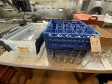 *EACH*WATER 8OZ GLASSES W/(2)BLUE PLASTIC RACKS & (1)PLASTIC TOTE BIN