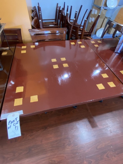 *EACH*STAINED MAHOGANY 36"X36" INLAY TABLES W/BLACK METAL X-BASE