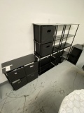 *EACH*BLACK GLASS STORAGE SHELVES W/CLOTH STORAGE CONTAINERS