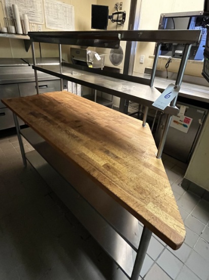 BUTCHERBLOCK TOP 75"X30" ANGLED WORKTABLE W/(2)S/S OVERSHELVES & (2)S/S UNDERSHELVES