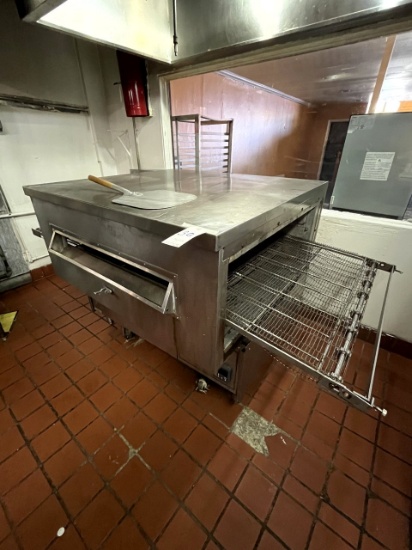 MIDDLEBY MARSHALL S/S 89"X54" GAS CONVEYOR PIZZA OVEN W/PARTS & CASTERS MOD. PS360 (DISCONNECTED)