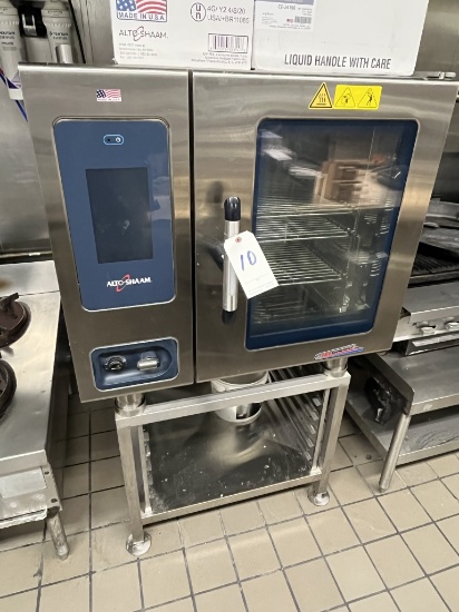 ALTO-SHAAM S/S HALF-SIZE GAS COMBITHERM OVEN W/SMOKER BOX, SUPPLIES & STAND 120V MOD. CPT6-10G