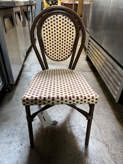 *EACH*METAL BAMBOO-STYLE STACKING BISTRO CHAIRS W/RED & CREAM VINYL WOVEN SEAT/BACK