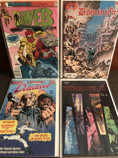 4 Indie Comics Number 1s Warlock 5, Detectives Inc, Dominion, The Web Comics
