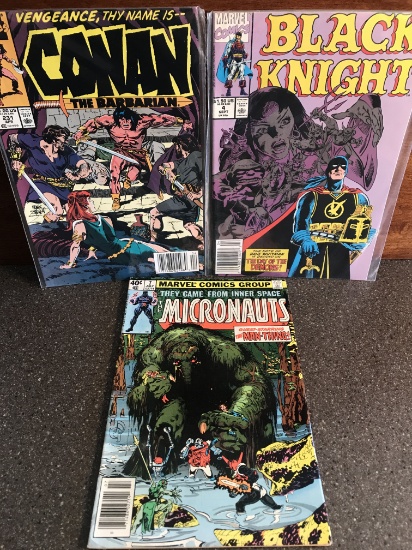 3 Issues Micronauts #7 Black Knight #4 Conan The Barbarian #231 Marvel Comics Bronze Age