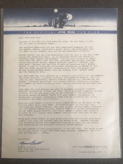 The Offical Star Wars Fan Club Letter 1980s Never Been Folded in Perfect Condition