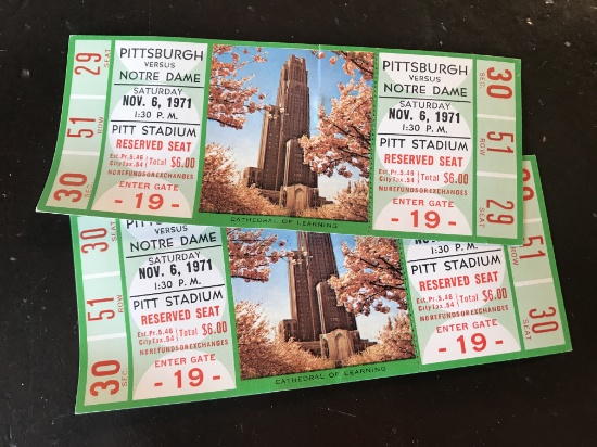 2 Tickets to Pittsburg Vs Notre Dame Nov 6 1971 at Pittsburg Stadium