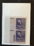 1939 Collectable US Stamps #851 Thomas Jefferson Purple Unused Pair of 3 Cents Stamps