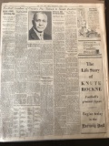 The New York Times Newspaper 1931 Football Great Knute Rockne Dies in Mail Plane Fall