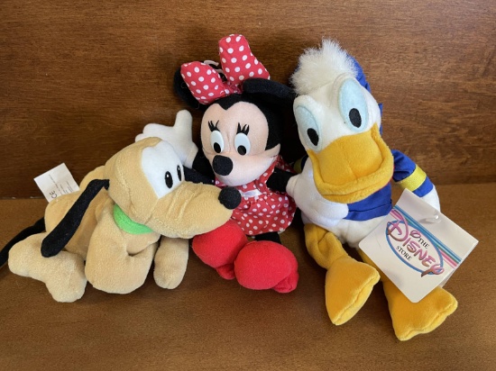 3 Disney Store Exclusive Mini Bean Bag Figures Donald Pluto and Minnie Mouse Like New
