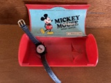 Vintage Mickey Mouse Lady's Wrist Watch Bradley Time #6800 Leather Band Walt Disney Productions