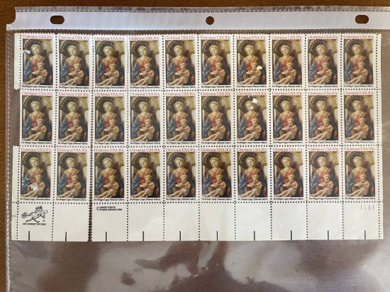 30 Unused Stamps Christmas 20 Cent Sheet of Stamps 1984 Fra Filippo Lippi National Gallery