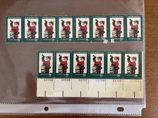 14 Unused The Night Before Christmas Row of 8 Stamps & Row of 6 Stamps 8 Cent Stamps