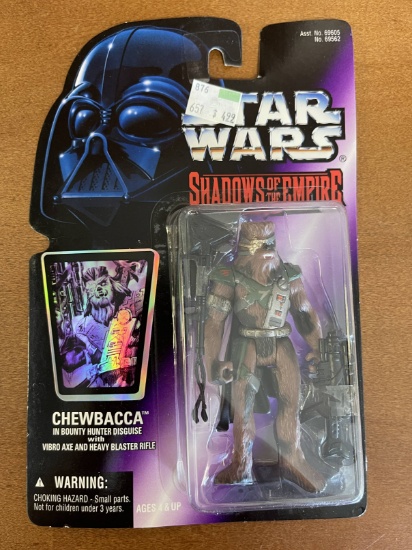 Star Wars Shadows of the Empire Chewbacca in Bounty Hunter Disguise Figure 1996 Purple Card with Hol