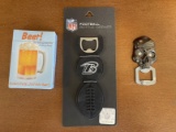 3 Items 2 Bottle Openers 1 NFL Baltimore Ravens NEW 1 Metal Skull with Diamond Eyes & Beer Playing C