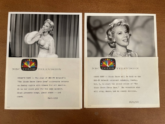 Two 7X9 Photos of Dinah Shore from the Dinah Shore Show 1958 with Press Info and NBC Logo