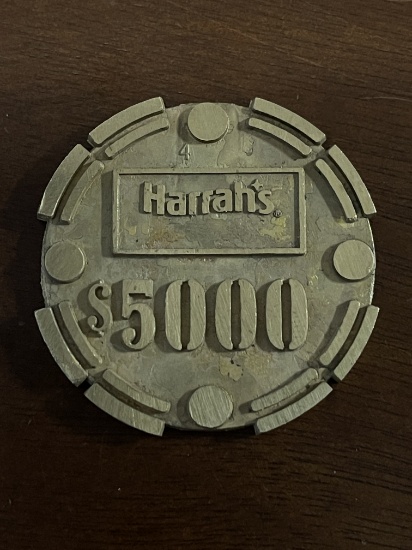 Rare $5000 Harrahs Casino Chip Brass Core Auction
