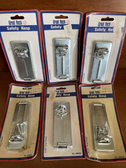 6 Items NEW Safety Hasp From Great Neck 4 1/2" Hasp Plated Made in China New in Original Packages