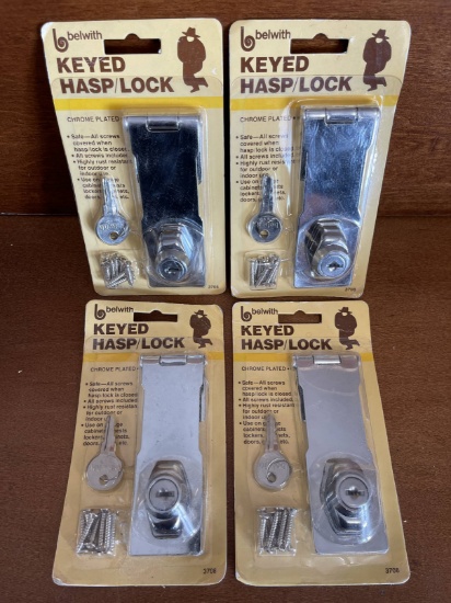 4 Items NEW Keyed Hasp/Lock by Belwith Chrome Plated 2 Keys New in Original Packaging