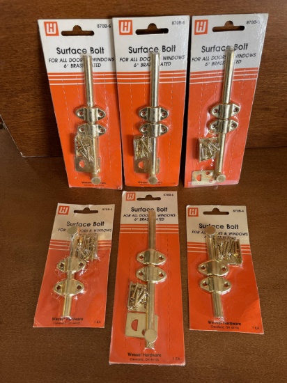 6 Items NEW 4 Surface Bolt 6" Brass Plated 2 Surface Bolts 4" Brass Plated Wessel Hardware New in Or