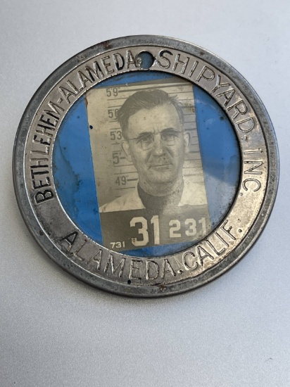 Rare WWII Bethlehem-Alameda Shipyard Metal Employee Badge Photo ID Joe Madeiro - Blue Patrick and MK