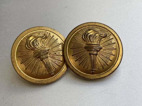 Vintage WWII Brass Round Gold Tone Fire Flaming Torch of Knowledge Double Tack Lapel Pins Screwback