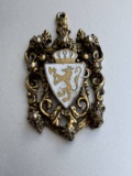 Lion Shield Crest Gold Tone Necklace Pendant White Crown Enamel
