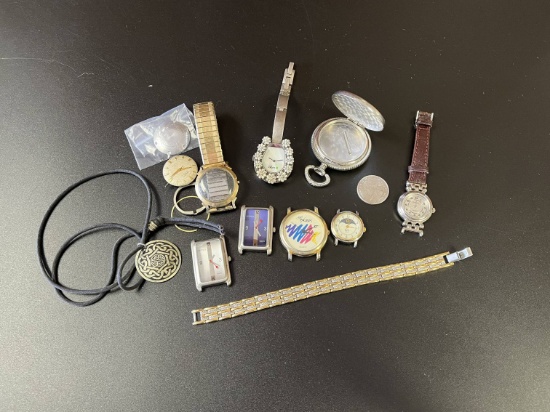 Bag of Watch Parts Bands Faces Empty Pocket Watch & Various Parts