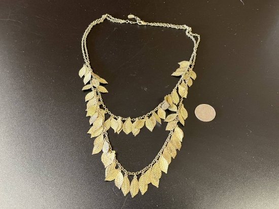 Long Gold Icing Necklace Costume Jewelry with Dangling Gold Leaves See Pics