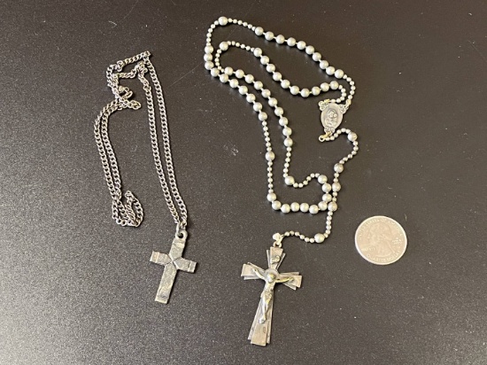 2 Black & Gold Crosses One is a Metalic Beaded Rosary & The Other is a Necklace See Pics
