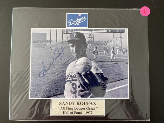 Signed Sandy Koufax Photo Matted in Plastic 8x10 Dodgers With Nameplate All Time Dodger Great