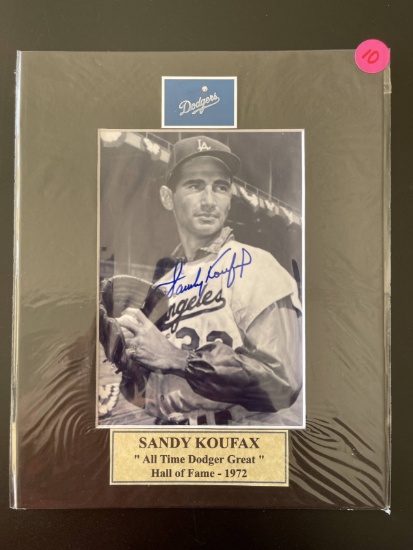 Signed Sandy Koufax Photo Matted in Plastic 8x10 Dodgers With Nameplate All Time Dodger Great