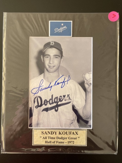 Signed Sandy Koufax Photo Matted in Plastic 8x10 Dodgers With Nameplate All Time Dodger Great