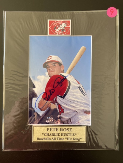 Signed Pete Rose Photo Matted 8x10 Cincinnati Reds With Nameplate Baseballs All Time Hit King