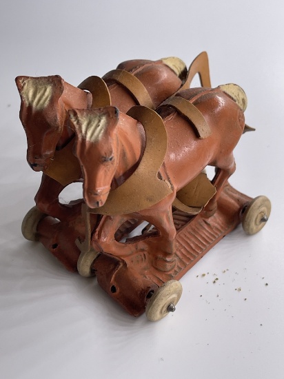 Set of Tan and White Auburn Rubber Toy Horses for Pulling Farm Equipment With Wheels 1930