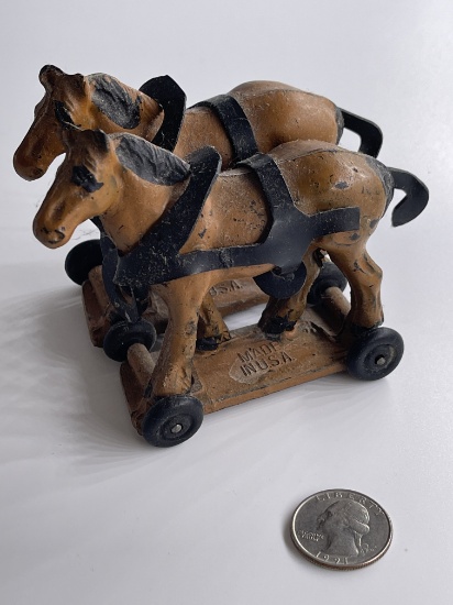 Set of Brown and Black Auburn Rubber Toy Horses for Pulling Farm Equipment With Wheels 1930