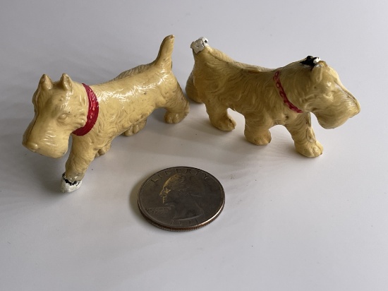 2 Scottish Terrier Dog Figures White and Red Collar Hard Plastic 1950 Dog Figurine Toy