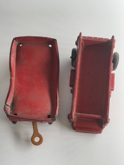 2 Arcor Rubber Vintage Red Trailers With Wheels Farm 5 1/2 In 1930 Antique Toys