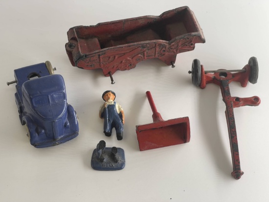 5 Misc Auburn Rubber Toys Vintage Blue Truck Cab Missing 1 Wheel Farmer Broken & More