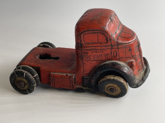 Vintage Double Axle Red Truck Cab Auburn Rubber Toy 1930 With 6 Wheels