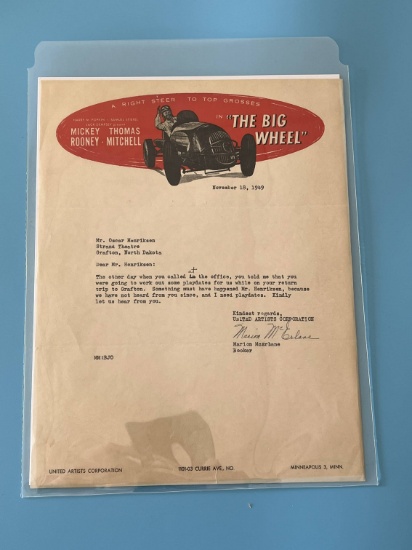 1949 "The Big Wheel" Movie Promo Letter