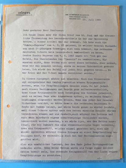 Signed Letter Nazi Admiral Karl Donitz