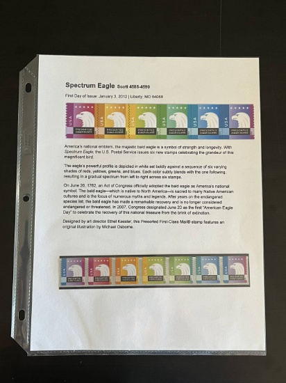 7 Spectrum Eagle Stamps Row Mint 2012 Scott 4585-4590 with Collector Sheet