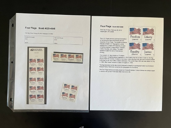 18 Four Flags Stamps Mint Sheet Row of 4 & Block 2012 USA Forever Stamps Scott 4629 - 4648 with Coll